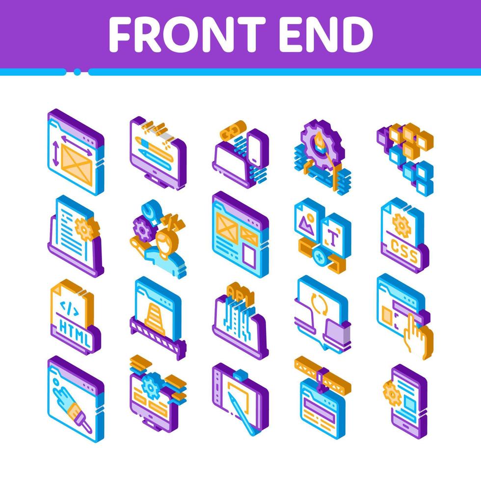 isometrische symbole der front-end-entwicklung setzen vektor