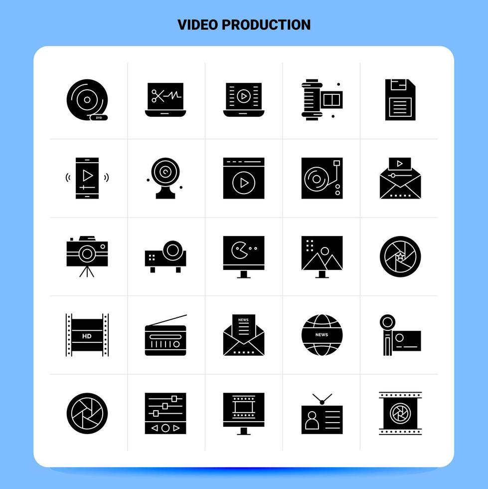 fast 25 video produktion ikon uppsättning vektor glyf stil design svart ikoner uppsättning webb och mobil företag idéer design vektor illustration