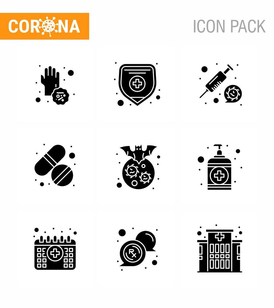 Corona-Virus-Krankheit 9 solides Glyphen-Schwarz-Icon-Pack saugt als Trägerpflege Coronavirus-Tablette Medizin Virus-Coronavirus 2019nov-Krankheitsvektor-Designelemente vektor