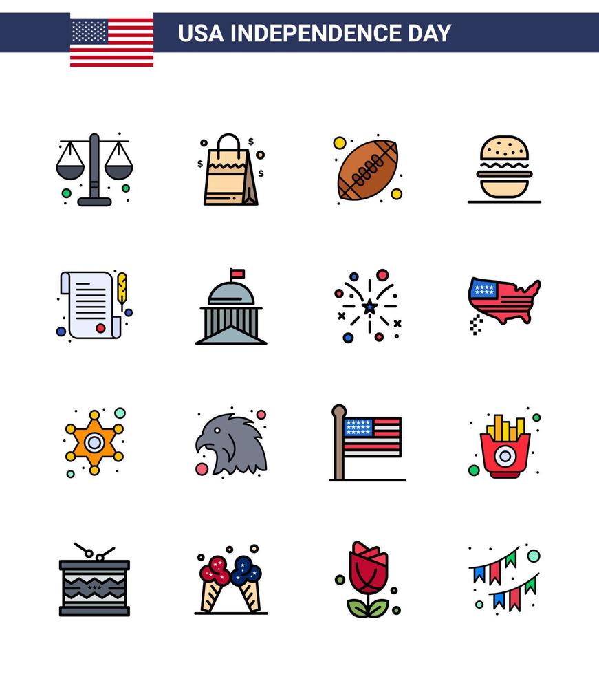 Lycklig oberoende dag packa av 16 platt fylld rader tecken och symboler för mottagande USA boll amerikan burger redigerbar USA dag vektor design element