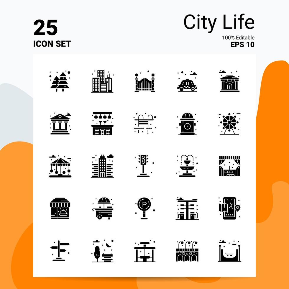 25 City Life Icon Set 100 bearbeitbare Eps 10 Dateien Business Logo Konzept Ideen solides Glyphen-Icon-Design vektor