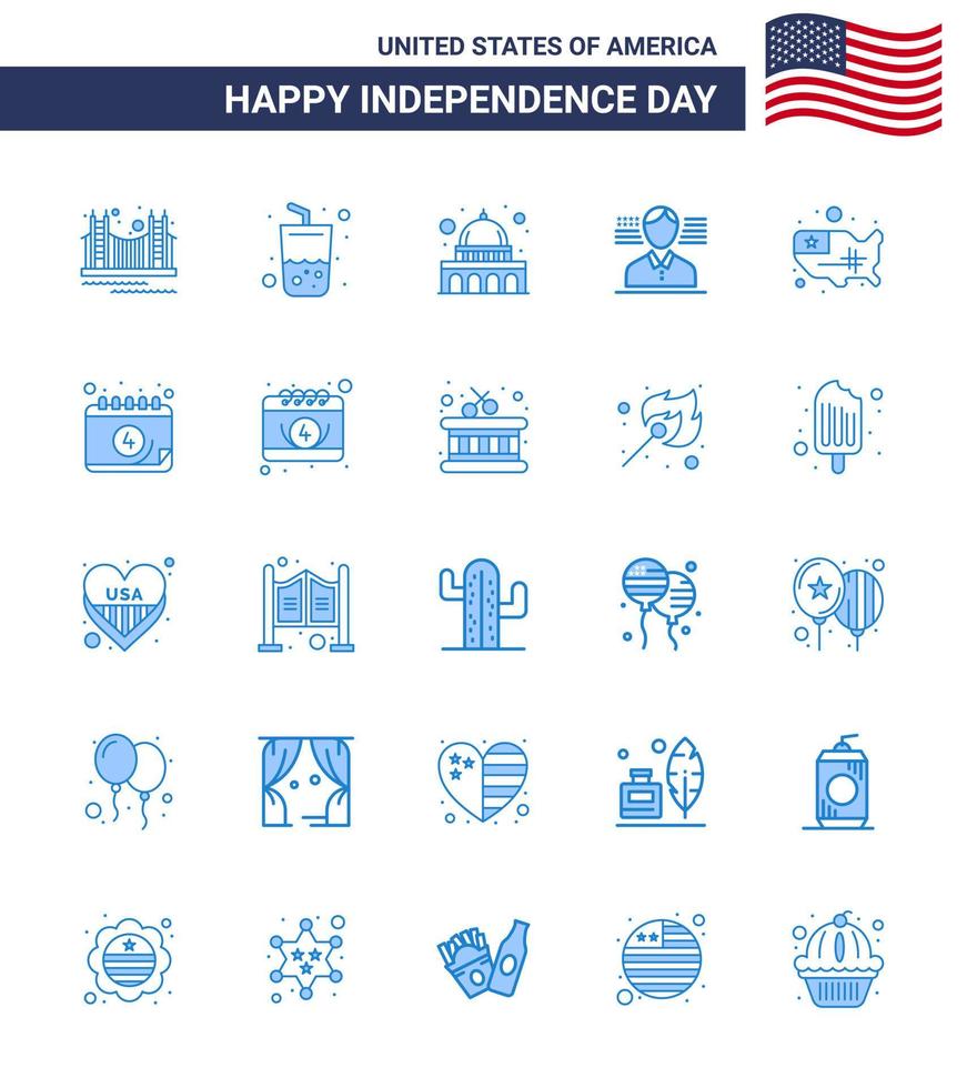 USA oberoende dag blå uppsättning av 25 USA piktogram av Karta amerikan sommar man USA redigerbar USA dag vektor design element