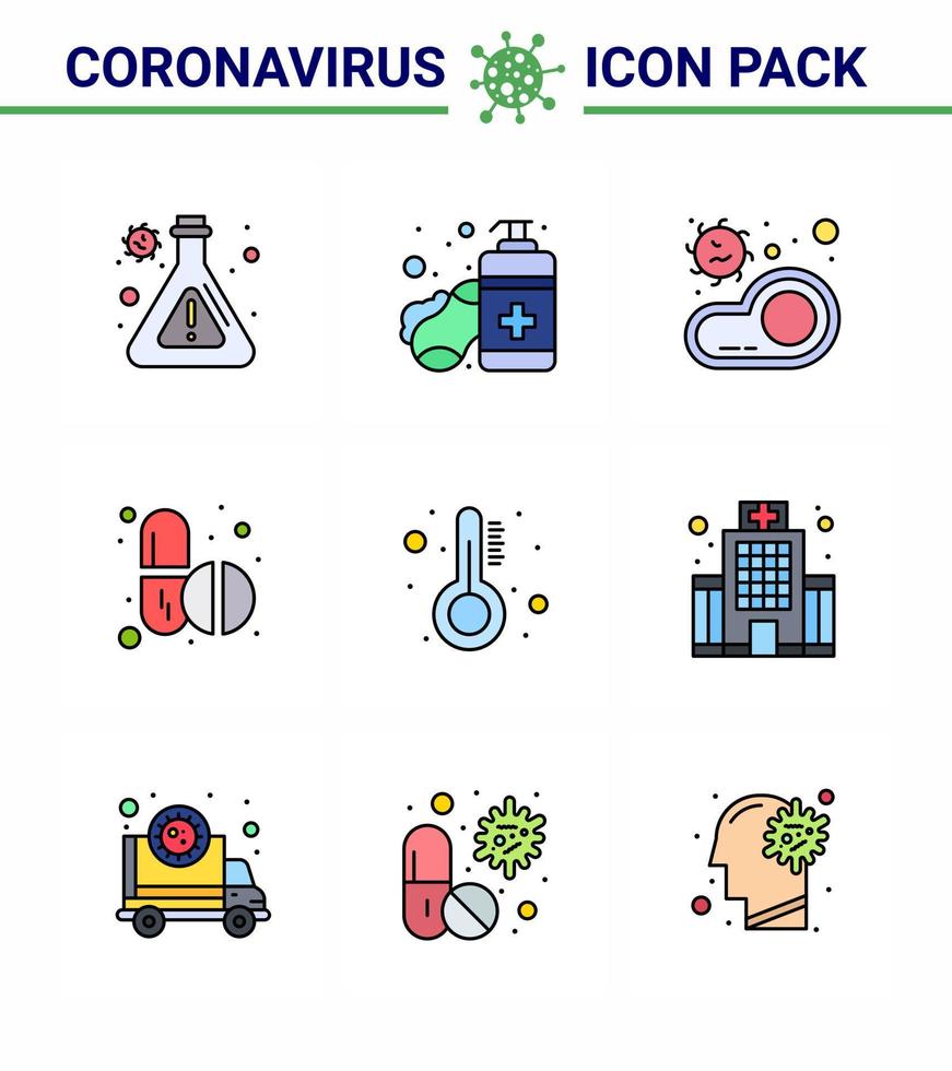 Coronavirus-Bewusstseinssymbol 9 gefüllte Linie flache Farbsymbole Symbol enthalten Medizin Kapsel Lebensmittel Tabletten Medizin virales Coronavirus 2019nov Krankheit Vektordesign-Elemente vektor