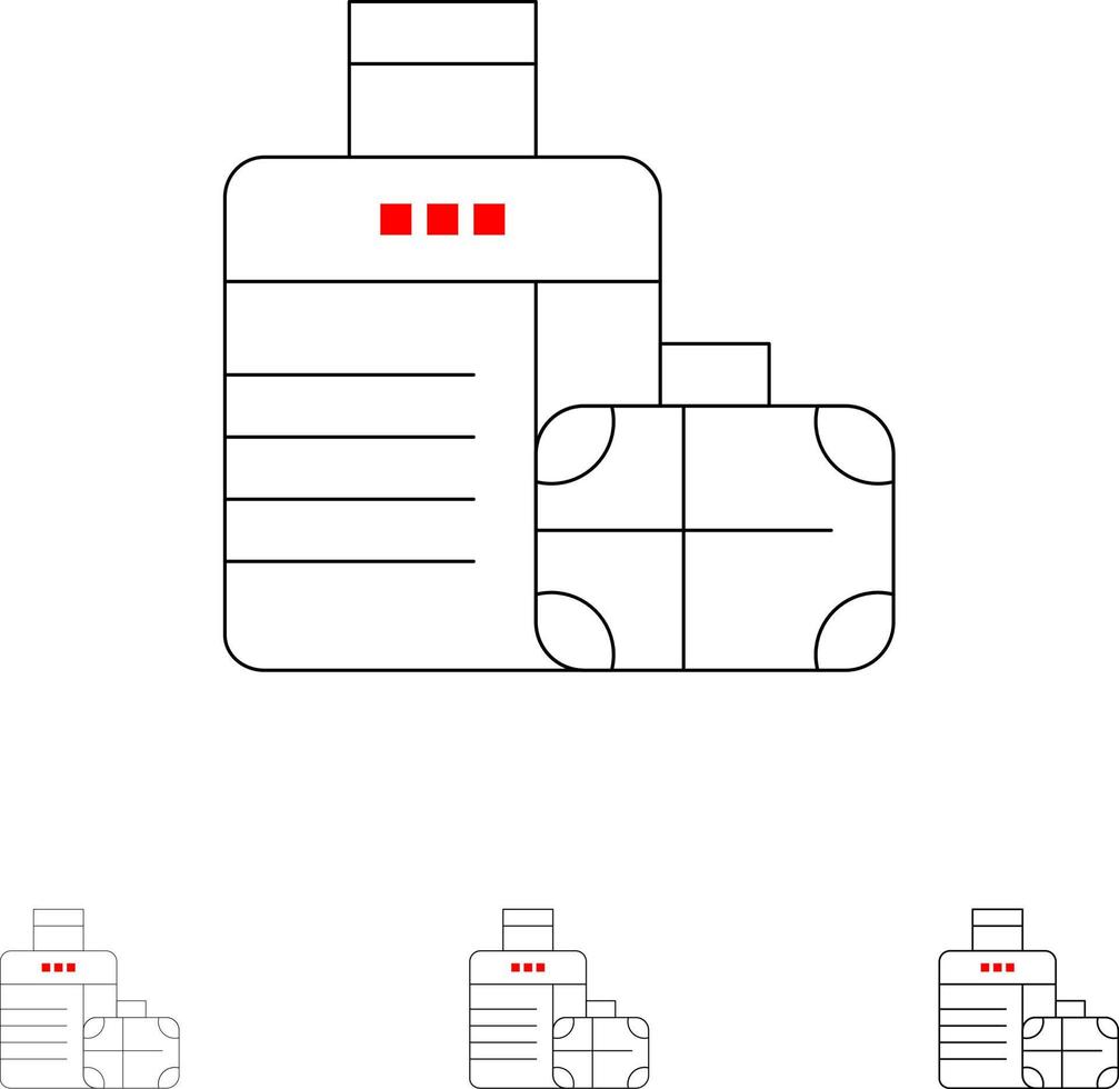 bagage väska handväska hotell djärv och tunn svart linje ikon uppsättning vektor