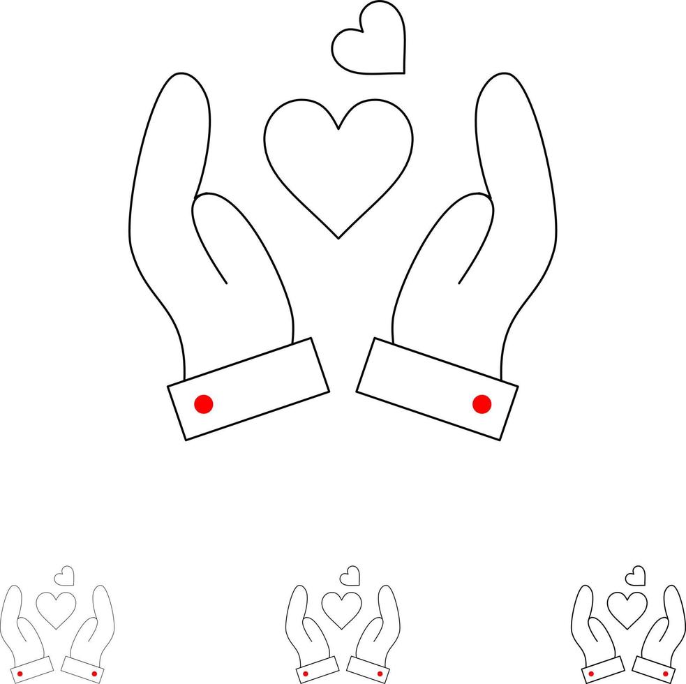hand kärlek hjärta bröllop djärv och tunn svart linje ikon uppsättning vektor
