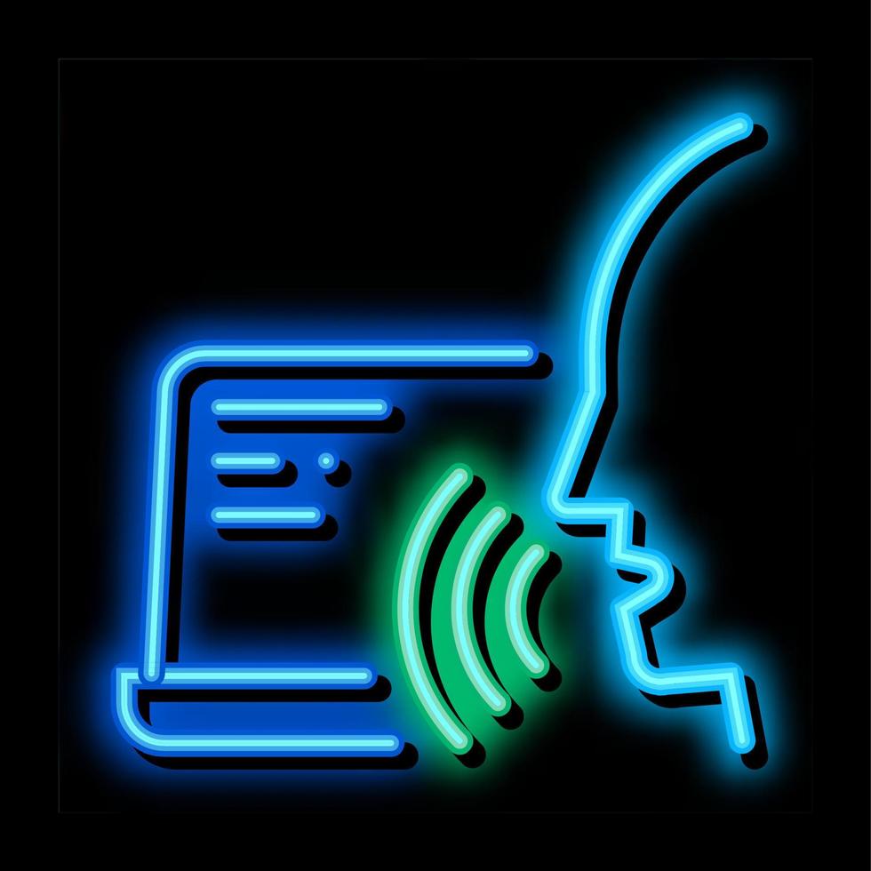 bärbar dator mänsklig röst kontrollera neon glöd ikon illustration vektor