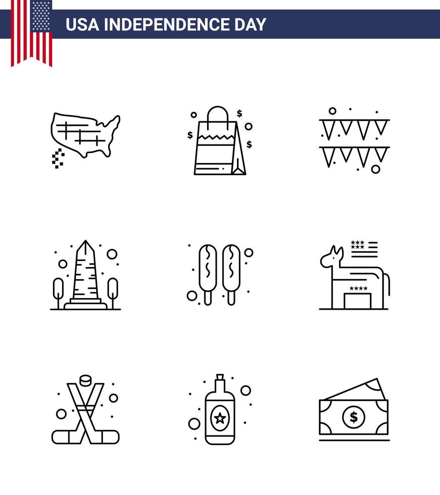 9 kreative usa-ikonen moderne unabhängigkeitszeichen und 4. juli symbole des hot dog washington festival usa-denkmal editierbare usa-tag-vektordesignelemente vektor