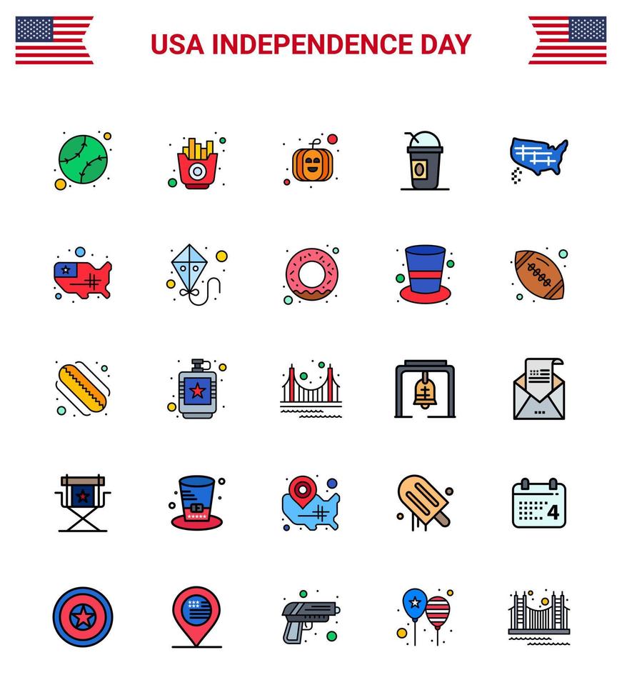 packa av 25 USA oberoende dag firande platt fylld rader tecken och 4:e juli symboler sådan som förenad Karta amerikan stater amerikan redigerbar USA dag vektor design element