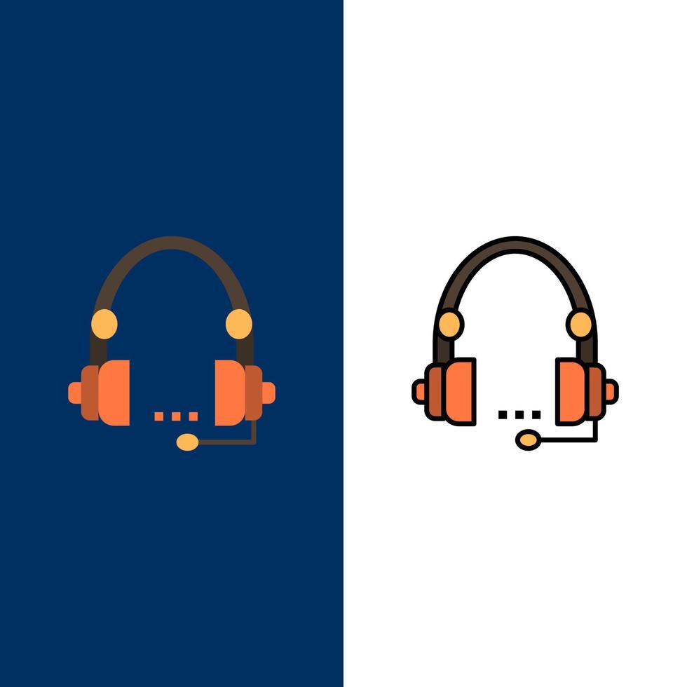 Support Anruf Kommunikation Kontakt Headset Hilfe Service Symbole flach und Linie gefüllt Icon Set Vektor blauen Hintergrund