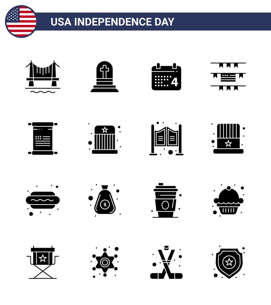 16 solide Glyphenzeichen für den Unabhängigkeitstag der USA. Amerikanischer Scroll-Kalender vektor
