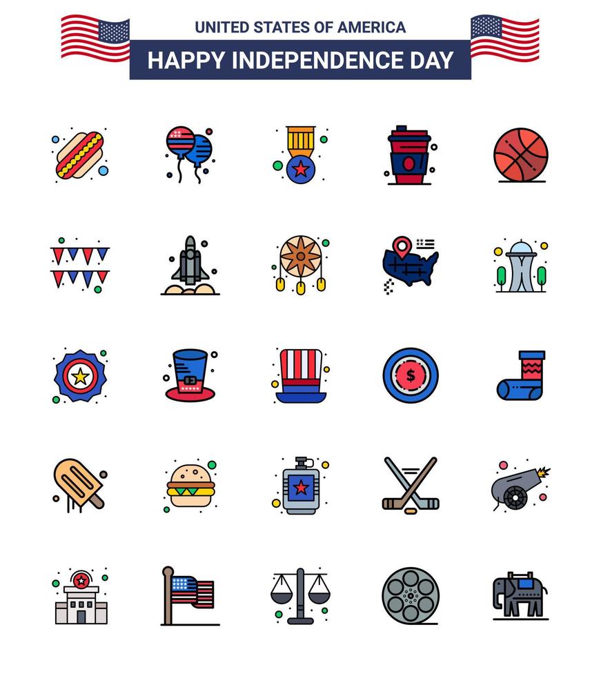 Usa Happy Independence Day Piktogrammsatz aus 25 einfachen, flach gefüllten Linien von Sport-Backetball-Abzeichen Usa-Getränk editierbare Usa-Tag-Vektordesign-Elemente vektor