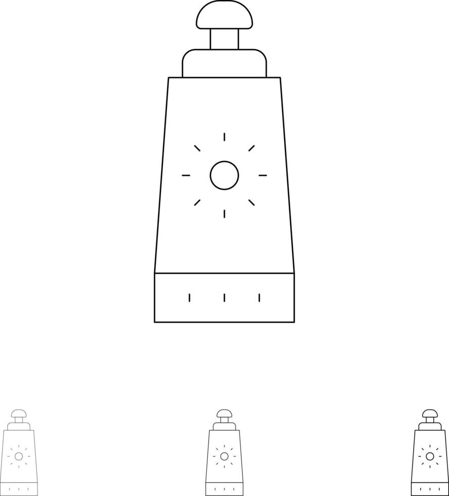 strand solkräm Solskydd djärv och tunn svart linje ikon uppsättning vektor
