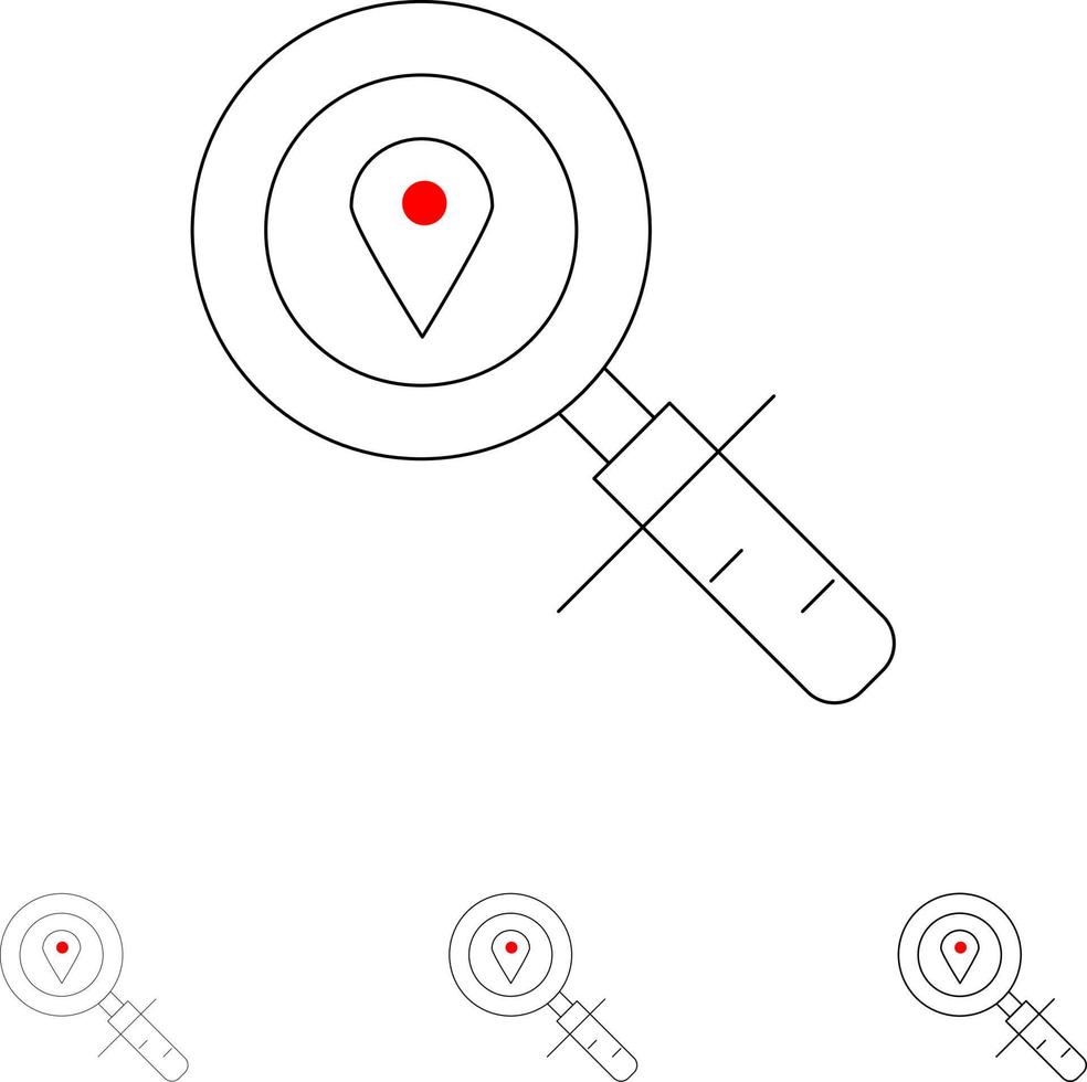 Karta plats Sök navigering djärv och tunn svart linje ikon uppsättning vektor