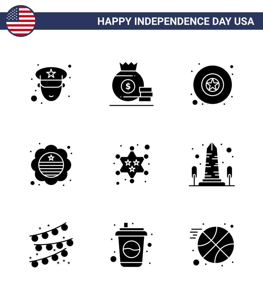 Packung mit 9 kreativen USA-Unabhängigkeitstag-bezogenen soliden Glyphen des Stern-Militär-Militärabzeichens internationale Flagge editierbare USA-Tag-Vektordesign-Elemente vektor