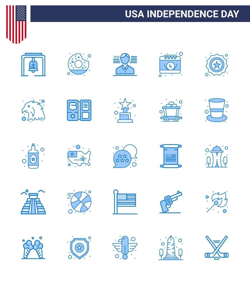 große packung mit 25 usa glücklicher unabhängigkeitstag usa vektor blues und editierbare symbole des abzeichens amerikanischer mann tag kalender editierbare usa tag vektor design elemente