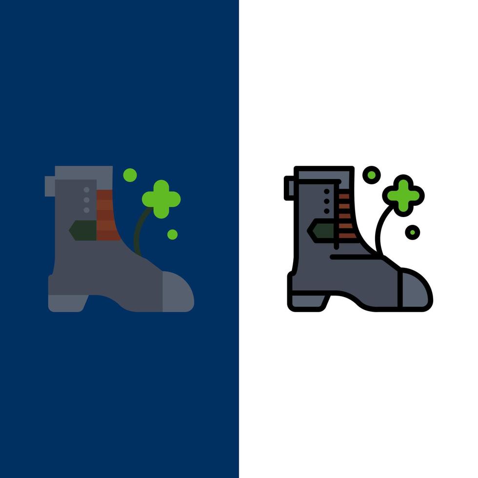 Schuhe booten Irland Symbole flach und Linie gefüllt Symbolsatz Vektor blauen Hintergrund