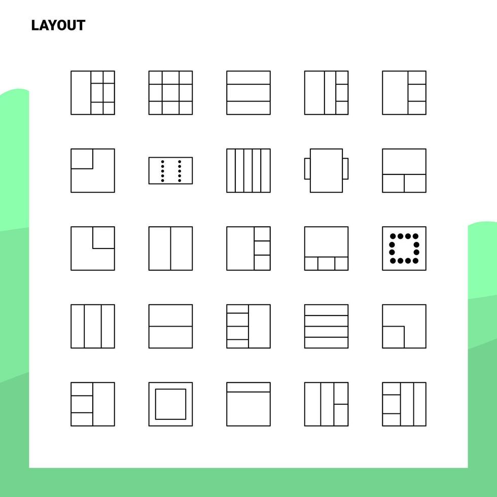 uppsättning av layout linje ikon uppsättning 25 ikoner vektor minimalism stil design svart ikoner uppsättning linjär piktogram packa