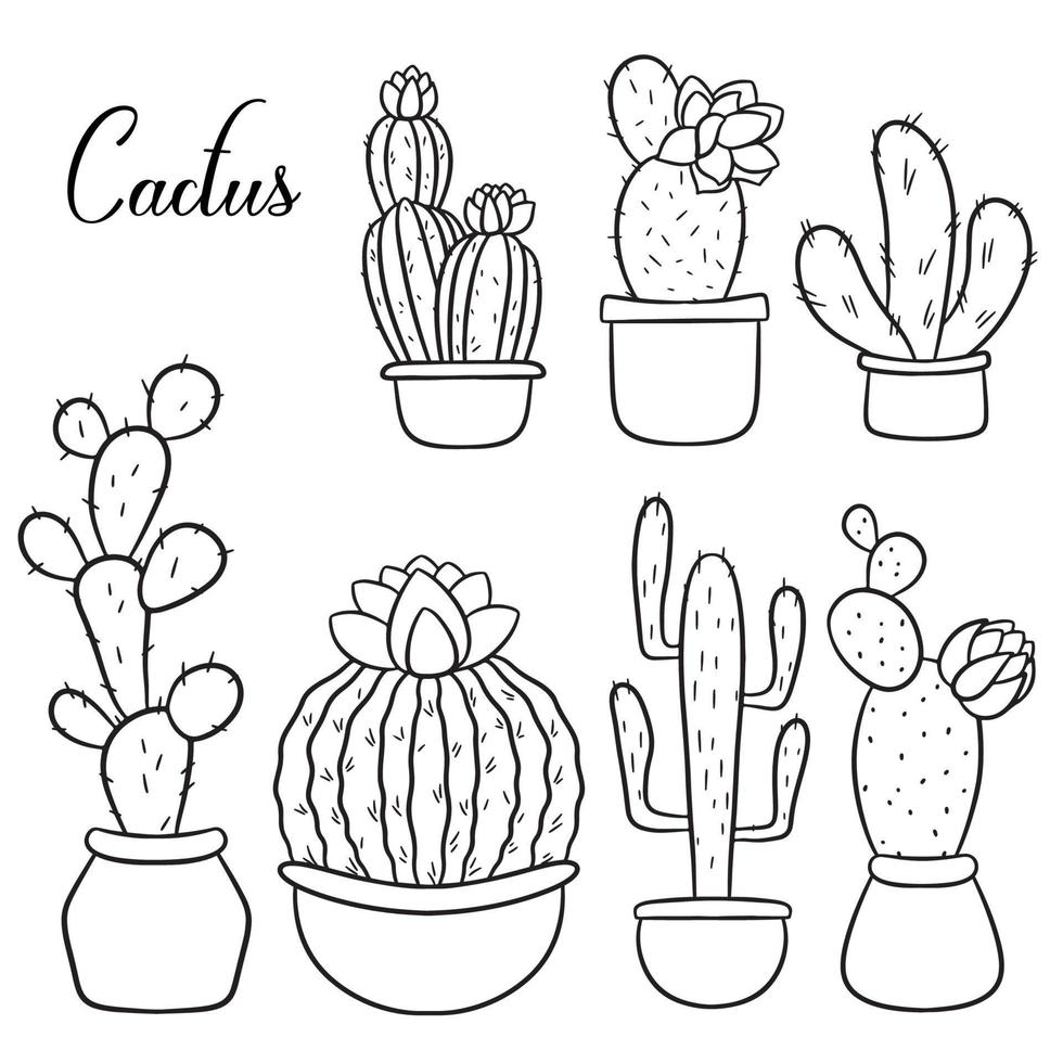 uppsättning av hand dragen kaktusar i kastruller vektor