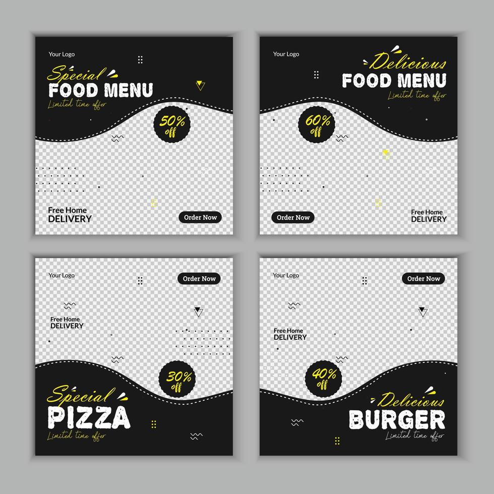 utsökt mat social media posta baner design. lämplig för social media posta baner. pizza, hamburgare, kyckling och utsökt mat företag uppkopplad befordran. vektor