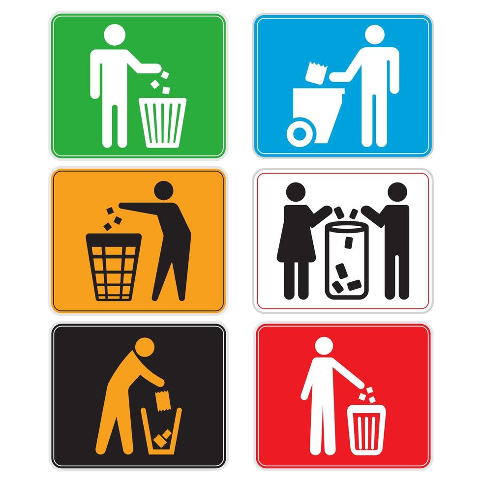Sammlung von Zeichen für Sauberkeit. Schilder bringen Müll an seinen Platz vektor