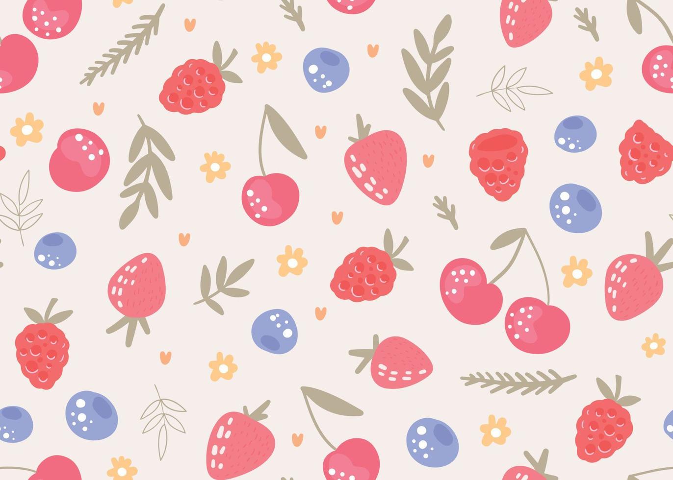 süßes nahtloses Muster aus verschiedenen süßen Beeren. Vektorhintergrund von Erdbeeren, Heidelbeeren, Kirschen, Himbeeren. Erntekonzept vektor