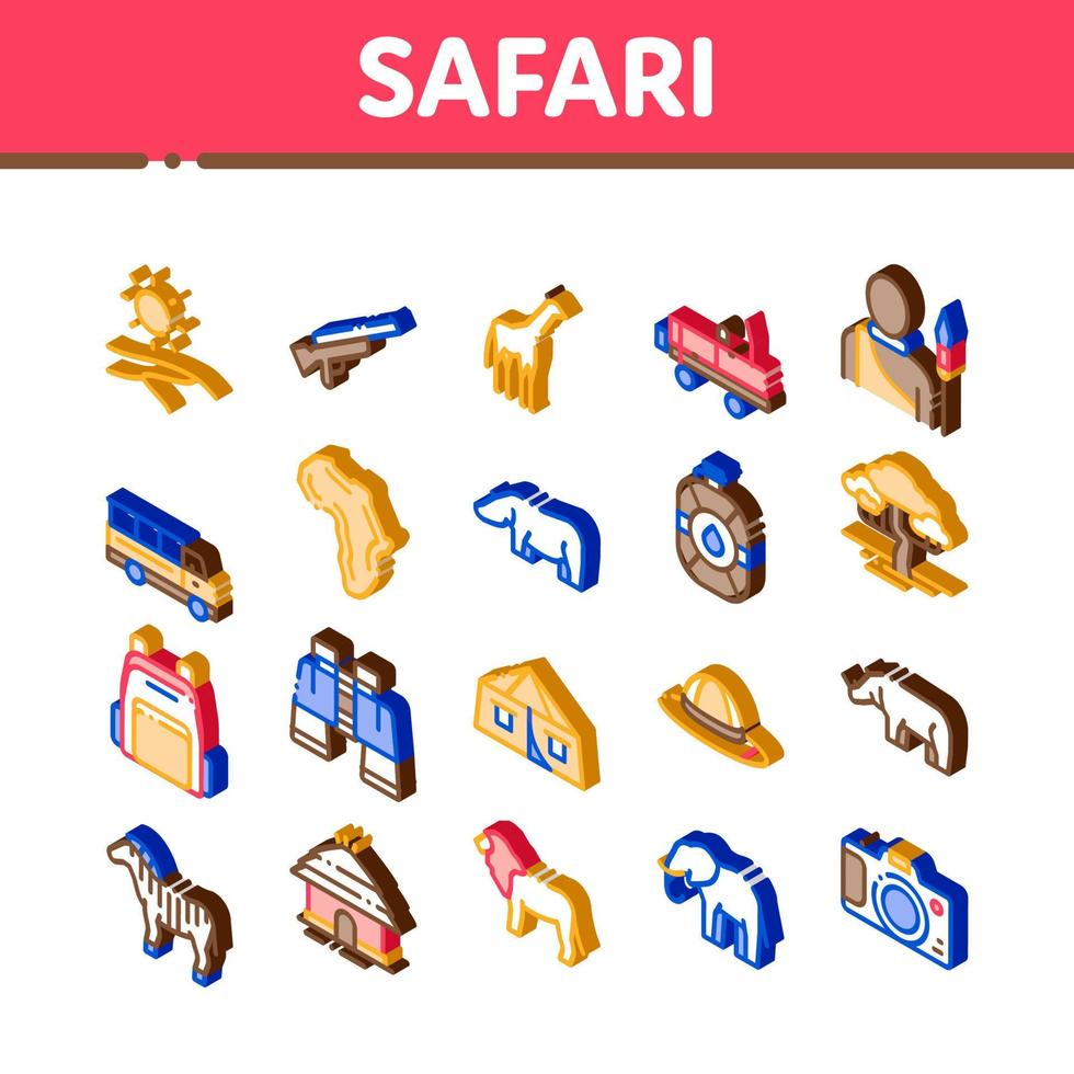 safari resa isometrisk element ikoner uppsättning vektor