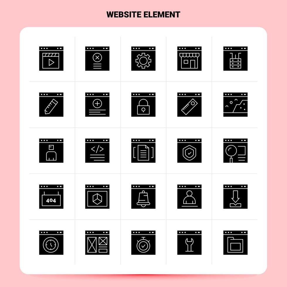 fast 25 hemsida element ikon uppsättning vektor glyf stil design svart ikoner uppsättning webb och mobil företag idéer design vektor illustration