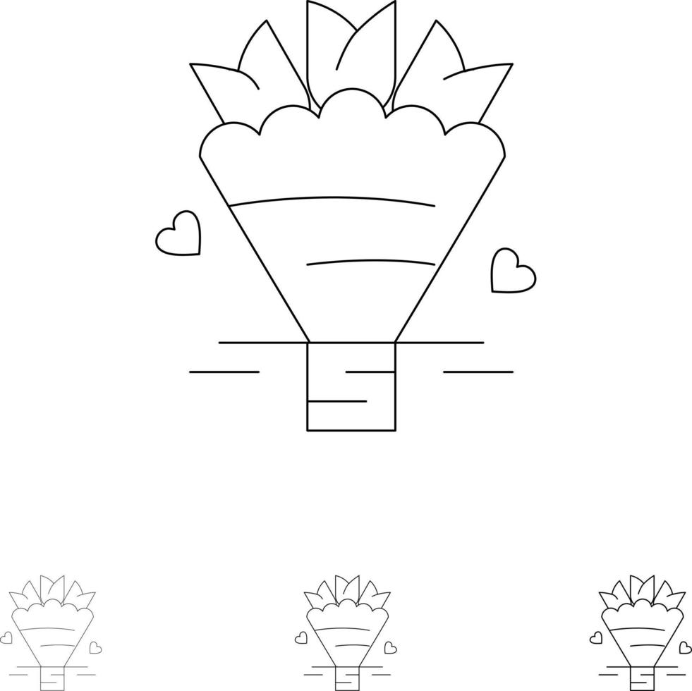 skönhet bukett blommor bröllop djärv och tunn svart linje ikon uppsättning vektor
