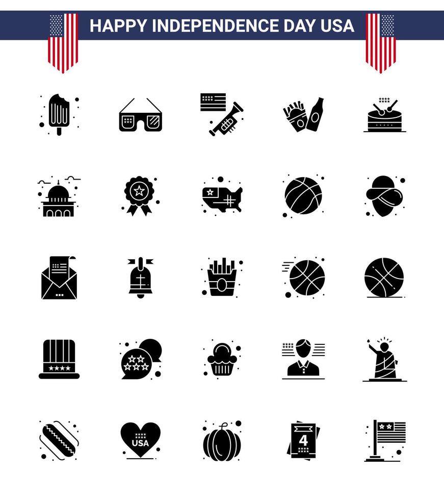 Usa Happy Independence DayPiktogrammsatz von 25 einfachen soliden Glyphen der Musiktrommelflagge amerikanische Flasche editierbare Usa-Tag-Vektordesign-Elemente vektor