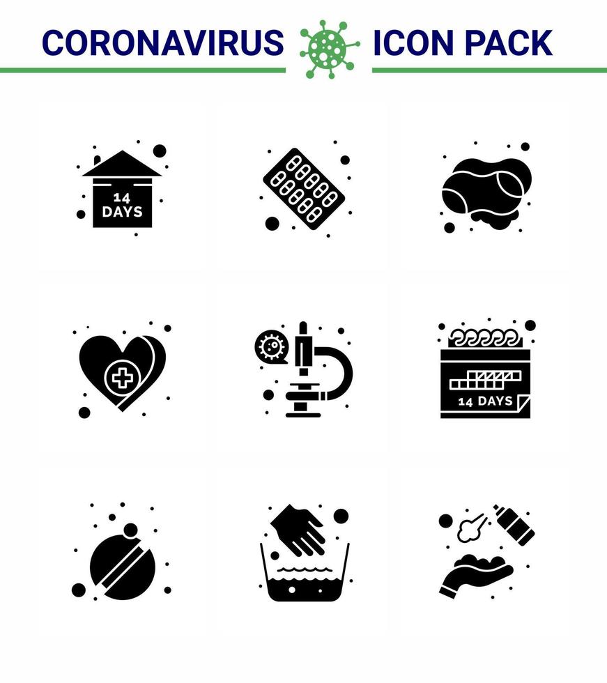 covid19-symbolsatz für infografik 9 feste glyphe schwarze packung wie laborpflege reinigung medizinisches herz virales coronavirus 2019nov krankheitsvektor designelemente vektor
