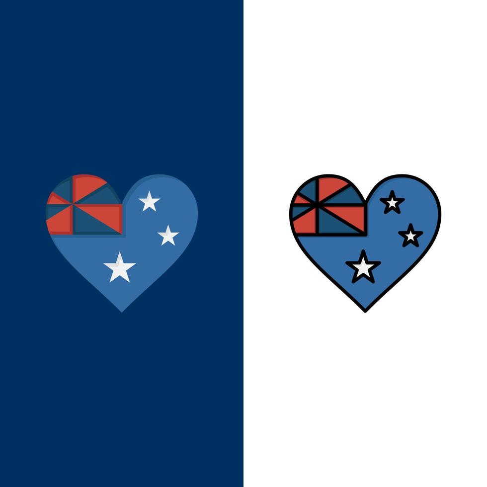 australien landesflagge nation symbole flach und linie gefüllt symbol set vektor blauen hintergrund