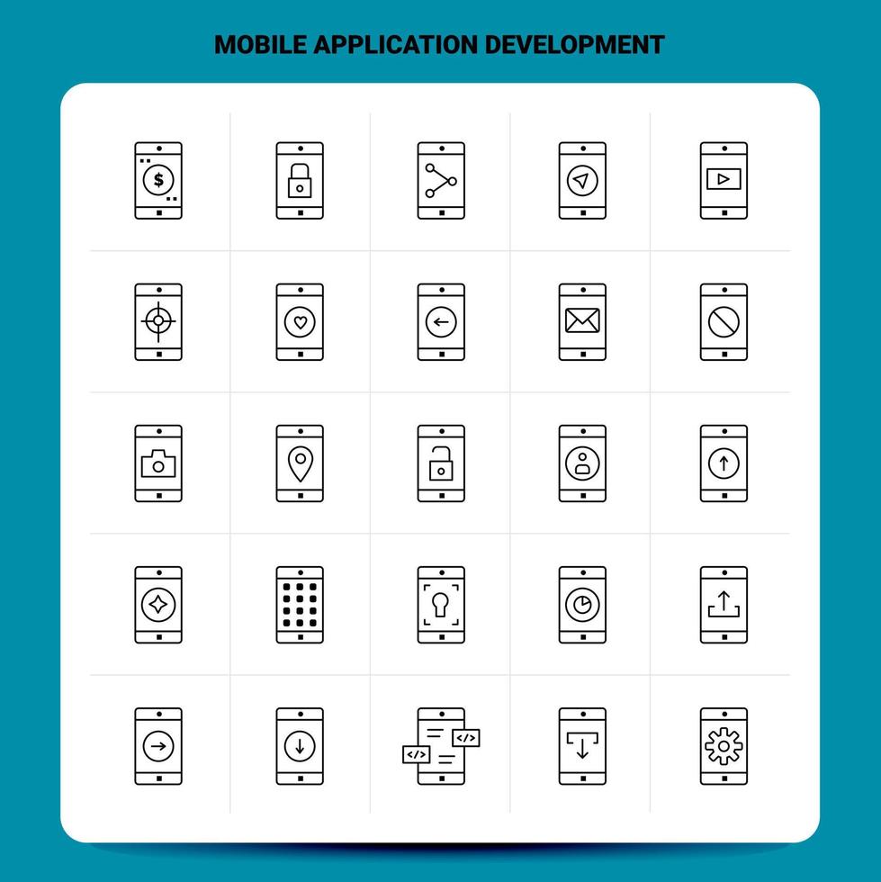 Umriss 25 Mobile Anwendungsentwicklung Symbolsatz Vektor Linienstil Design schwarze Symbole Set lineares Piktogrammpaket Web und mobile Geschäftsideen entwerfen Vektorillustration