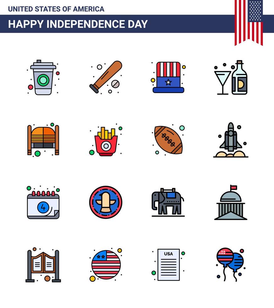 Happy Independence Day Pack mit 16 flach gefüllten Linien Zeichen und Symbolen für Bar Flasche American American Drink editierbare Usa Day Vektor Design Elemente