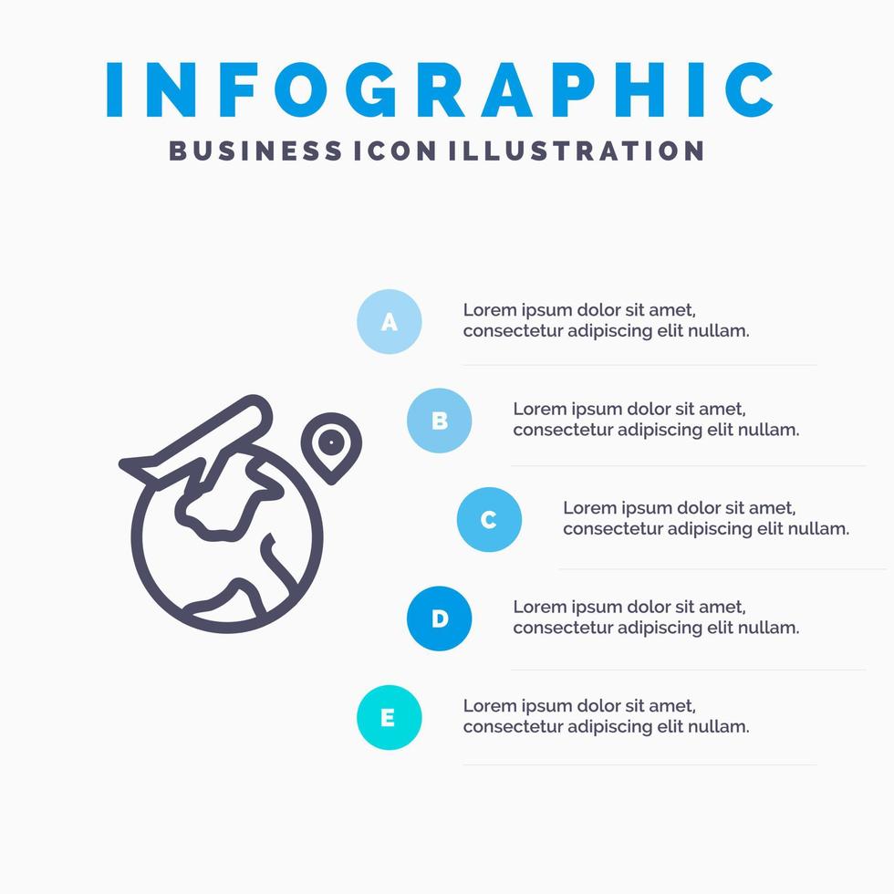 värld plats flyga jobb linje ikon med 5 steg presentation infographics bakgrund vektor