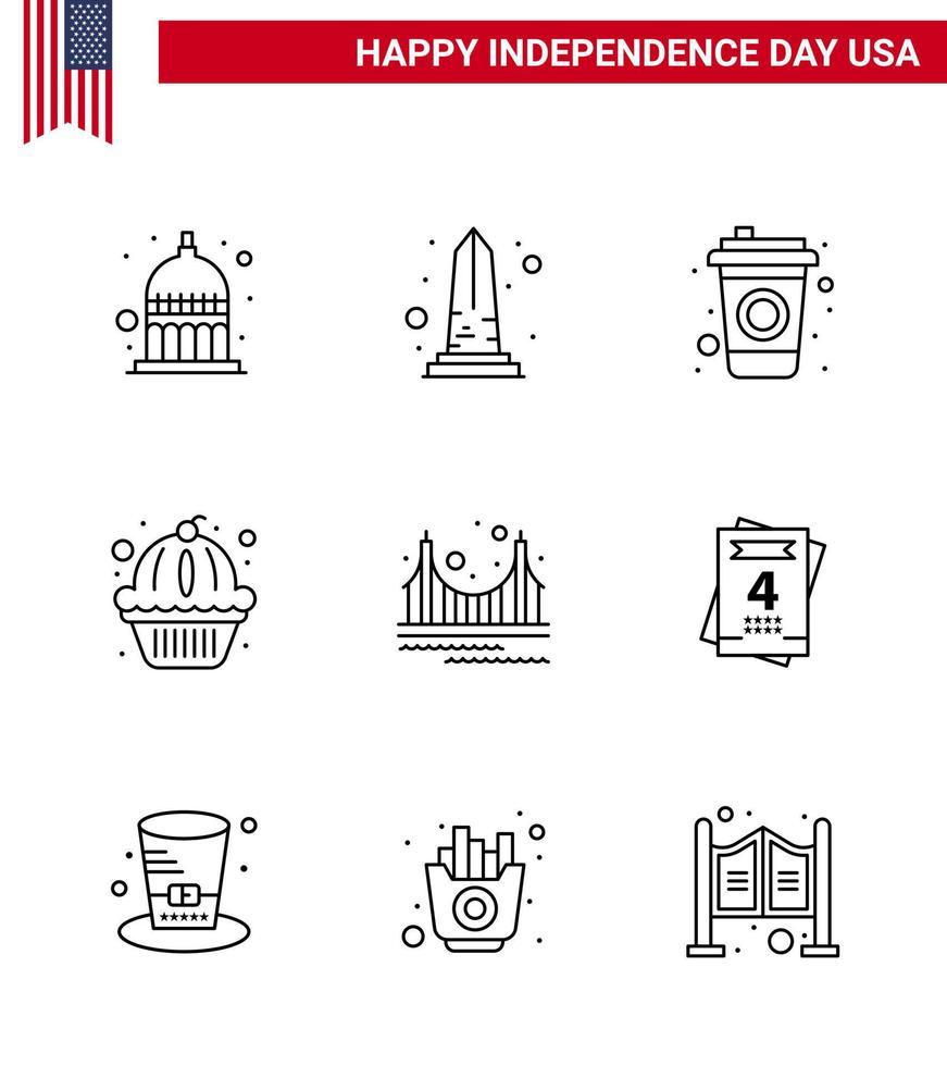 4:e juli USA Lycklig oberoende dag ikon symboler grupp av 9 modern rader av Port kaka Washington stater amerikan redigerbar USA dag vektor design element