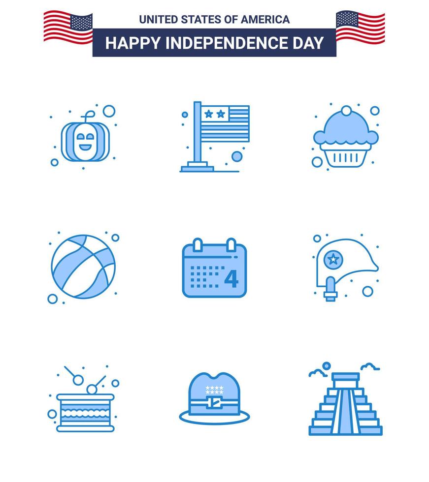 Blaue Packung mit 9 Usa-Unabhängigkeitstag-Symbolen des American Day Dessert-Kalender-Fußballs editierbare Usa-Tag-Vektordesign-Elemente vektor