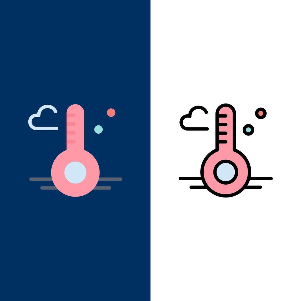 Temperatur Thermometer Wetter Frühling Symbole flach und Linie gefüllt Symbolsatz Vektor blauen Hintergrund