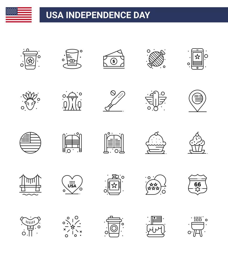 Happy Independence Day Pack mit 25 Zeilen Zeichen und Symbolen für Star Party Money Grill Barbecue Editierbare Usa Day Vector Design Elemente