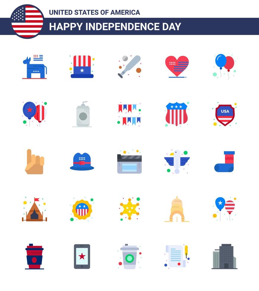 Lager Vektor Icon Pack mit amerikanischen Tag 25 flachen Zeichen und Symbolen für Tagesballons Baseballflagge Liebe editierbare Usa-Tag-Vektor-Design-Elemente