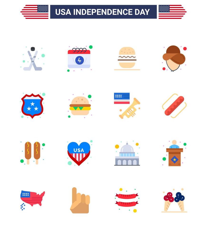 Packung mit 16 kreativen USA-Unabhängigkeitstag-bezogenen Wohnungen des Schildes American Burger Hat USA editierbare USA-Tag-Vektordesign-Elemente vektor