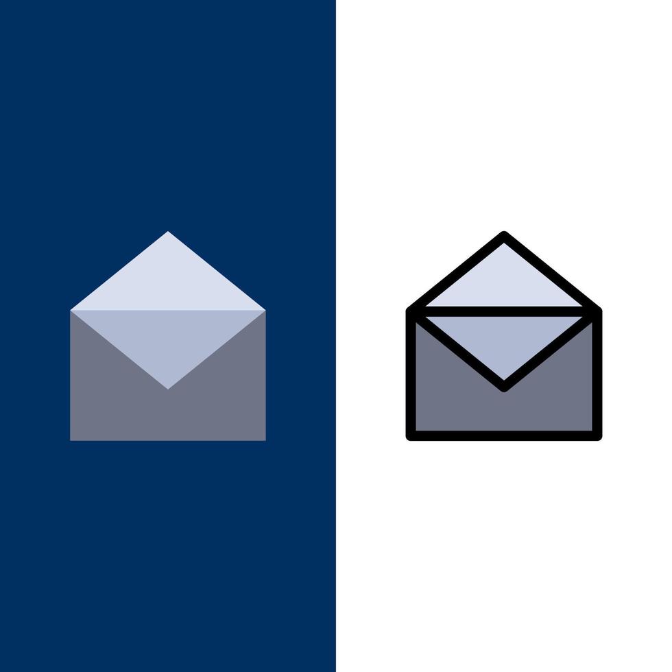 e-post post meddelande öppen ikoner platt och linje fylld ikon uppsättning vektor blå bakgrund