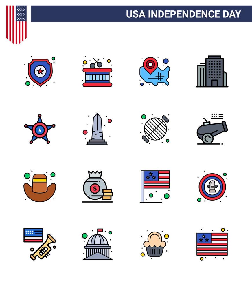 Lycklig oberoende dag 4:e juli uppsättning av 16 platt fylld rader amerikan pictograph av stjärna män stater amerikan byggnad redigerbar USA dag vektor design element