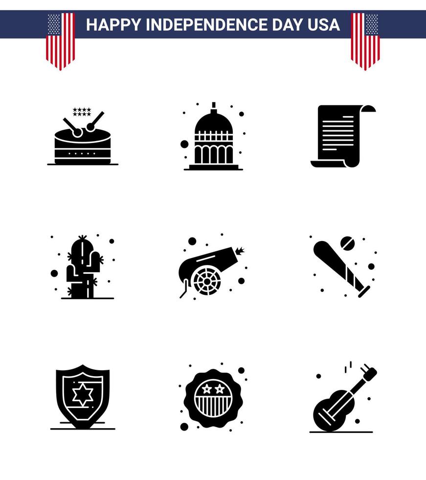 9 solide Glyphenzeichen für USA-Unabhängigkeitstag Kanon Wüstendatei Pflanzenkaktus editierbare USA-Tag-Vektordesign-Elemente vektor