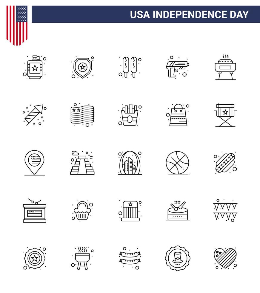 Lycklig oberoende dag 25 rader ikon packa för webb och skriva ut firande vapen tecken armén pistol redigerbar USA dag vektor design element