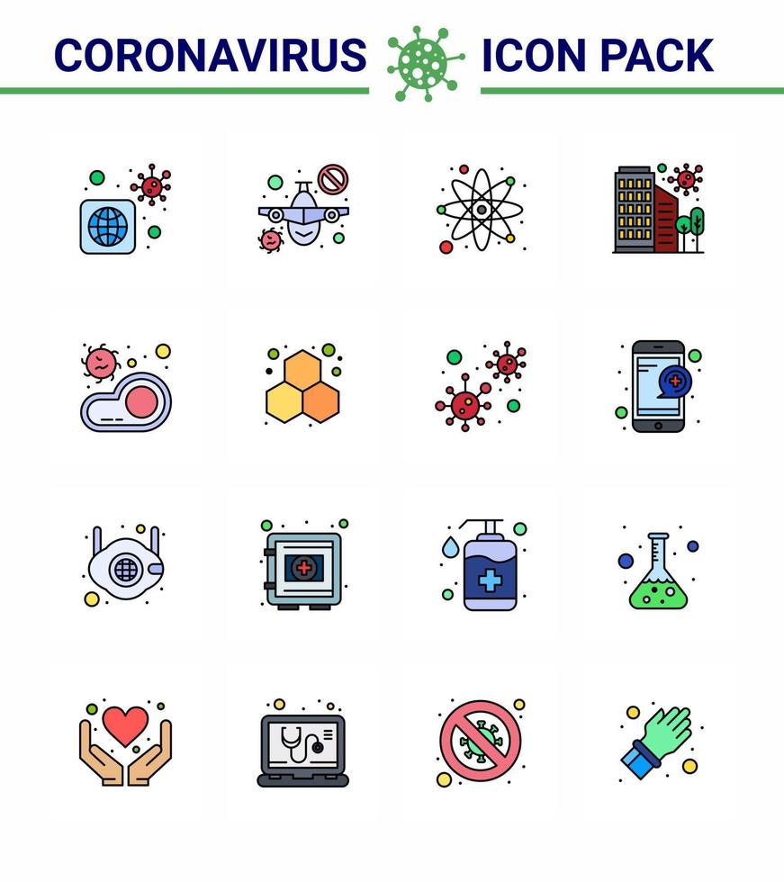 16 flache, farbgefüllte Zeilensätze von Corona-Virus-Epidemie-Symbolen wie Virenschutz-Atom-Krankheit, die Virus-Coronavirus 2019nov-Krankheitsvektor-Designelemente aufbaut vektor