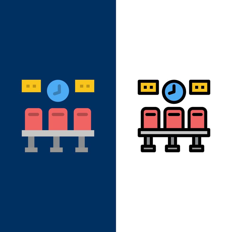 Sitze Zug Transport Uhr Symbole flach und Linie gefüllt Icon Set Vektor blauen Hintergrund