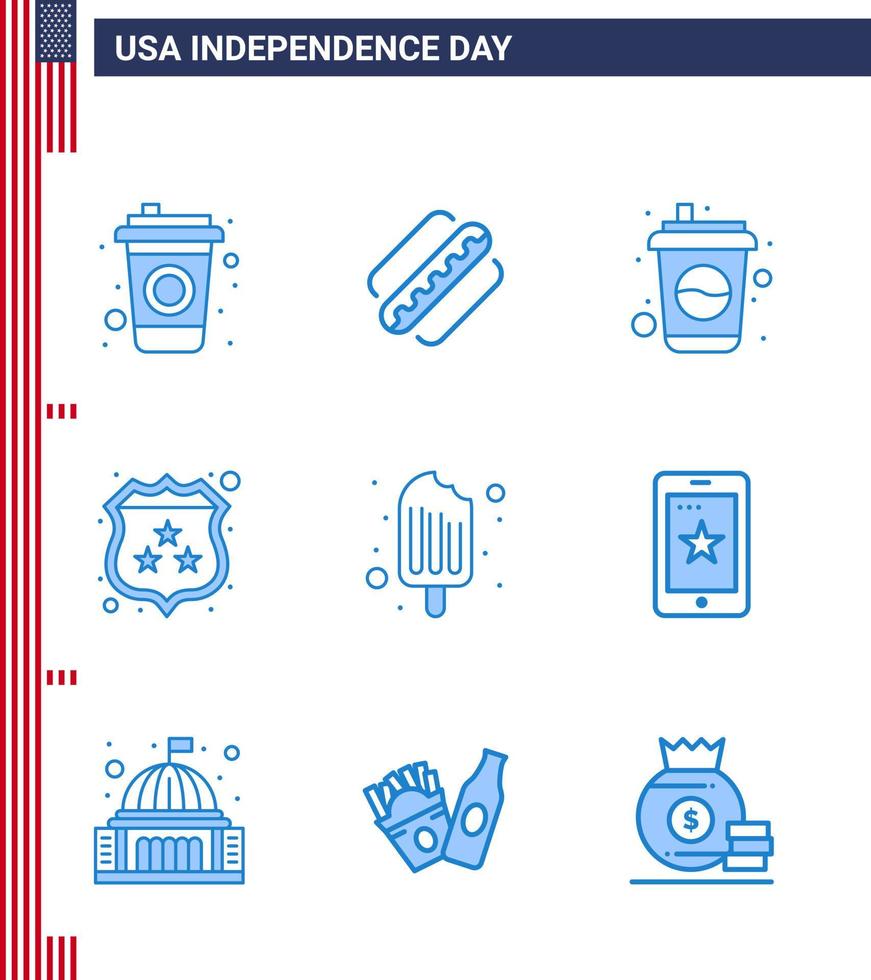 9 blaue Schilder für Usa-Unabhängigkeitstag-Essen kalte Cola-Polizeisicherheit editierbare Usa-Tag-Vektordesign-Elemente vektor