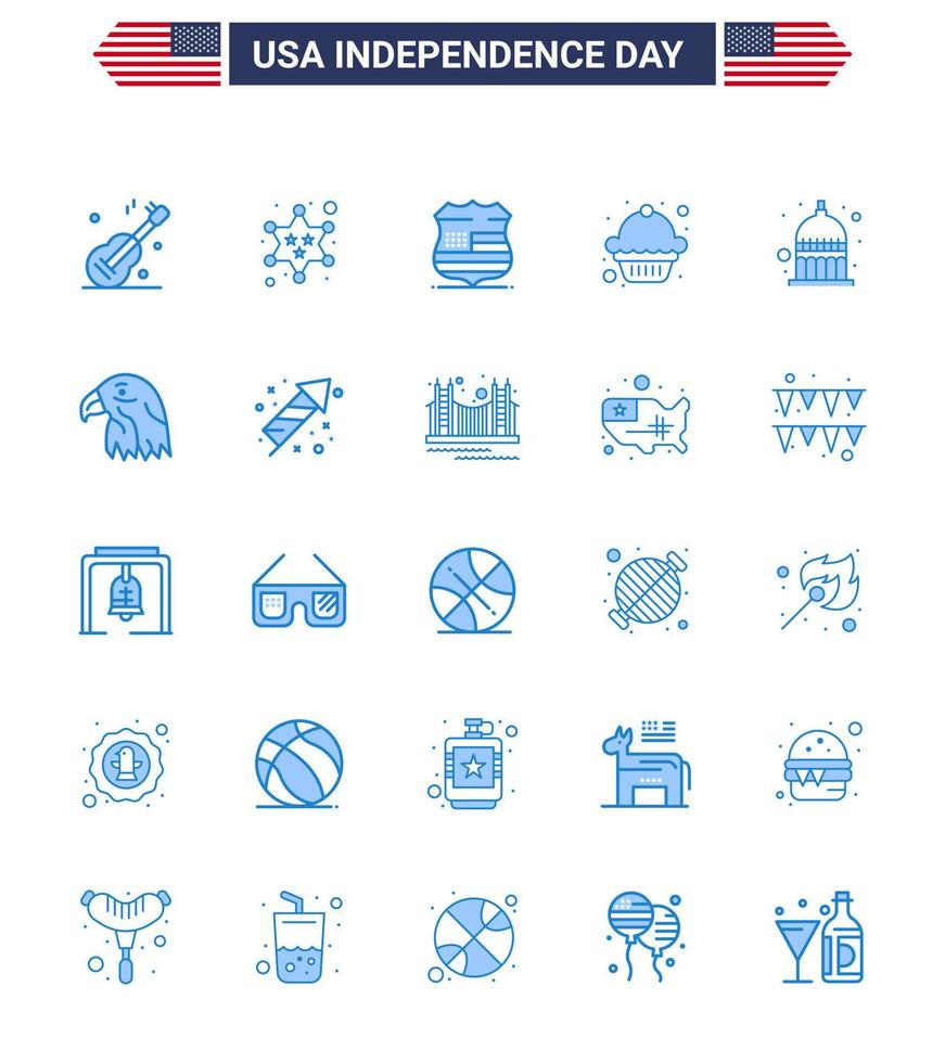 Usa Happy Independence Day Piktogramm Set von 25 einfachen Blues von Statehouse Indiana Schild Muffin Kuchen editierbare Usa Day Vektor Design Elemente