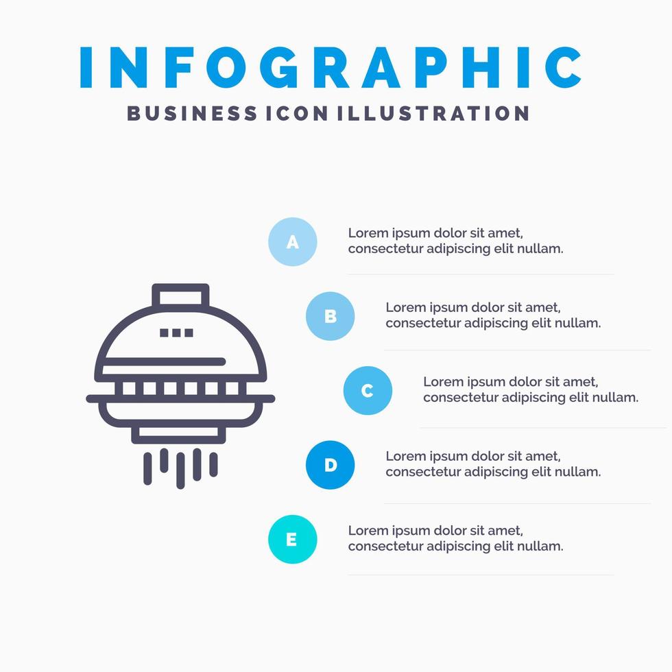 Plats shuttle rymdskepp UFO blå infographics mall 5 steg vektor linje ikon mall