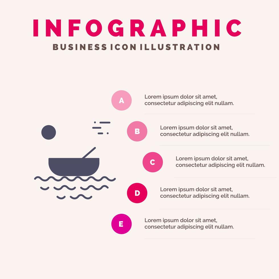 Boot Kanus Kajak Fluss Transport festes Symbol Infografiken 5 Schritte Präsentationshintergrund vektor